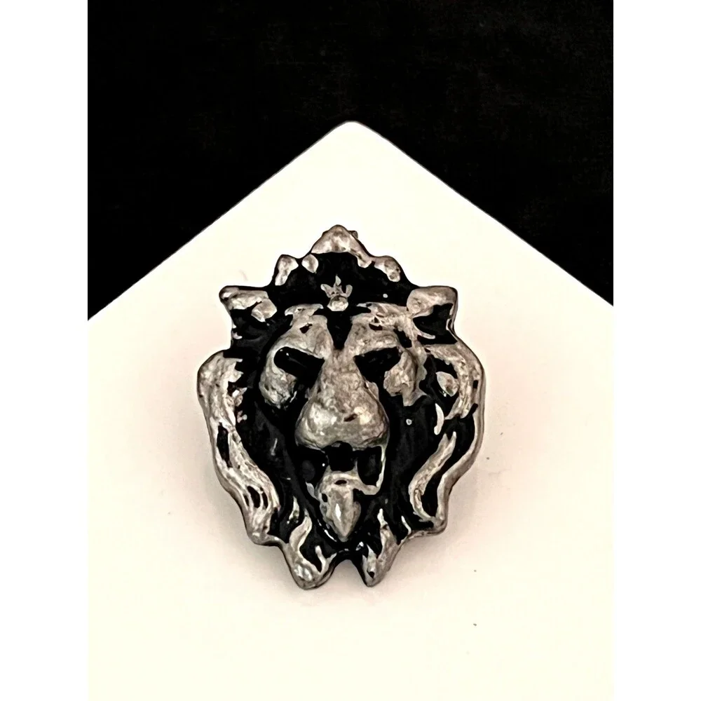 Vintage 1990s Lion Head Double Post Tack Pin Black Enamel Silver Tone - 1I